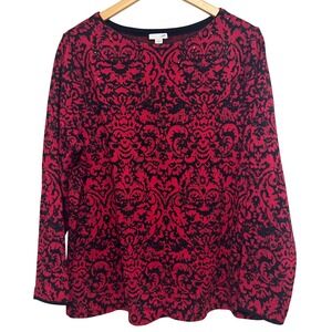 J Jill XL Top Red Black Damask Embellished Rhinestone Festive Long Sleeve Blouse